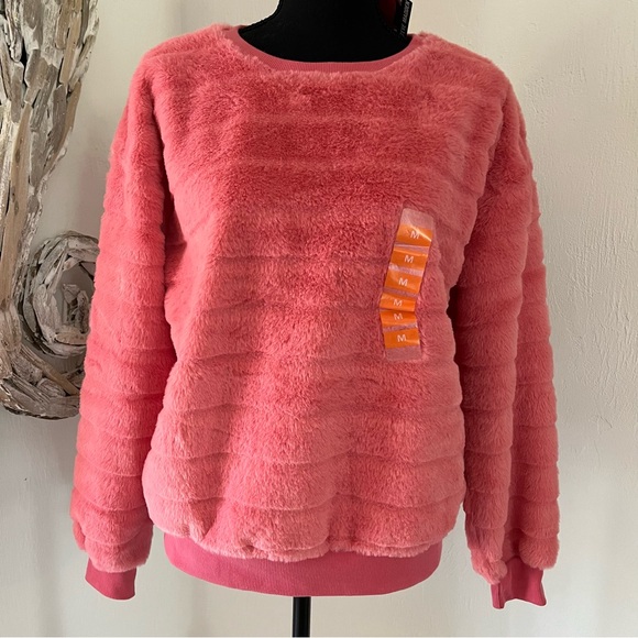 Steve Madden Faux Fur Sweatshirt Top stripe medium tea rose pink - Picture 1 of 16